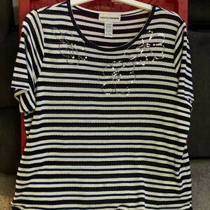 Cathy Daniels Black and White Striped Short Sleeve Top with silver sequins.